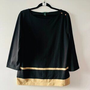 Lauren Ralph Lauren Womens Black & Gold Shoulder Button Detail Blouse Size Large